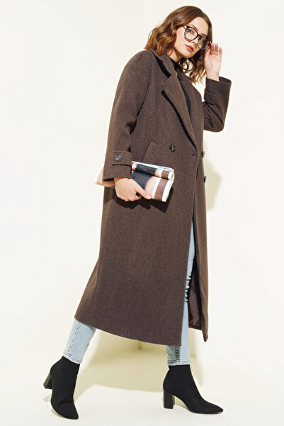 FERHEL Γυναικείο παλτό Adel διπλό πέτο με γιακά μακρύ κασμίρ