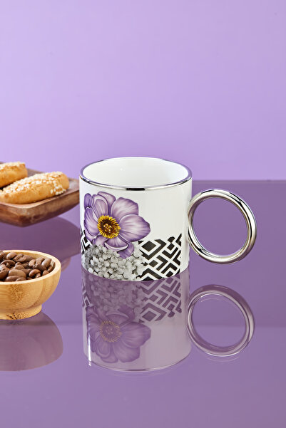 Cooker 200 ml Flower Patterned Silver Handle Porcelain Mug Cup