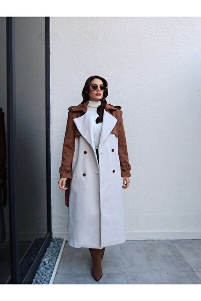 ESRAHELVACI Suede Detail Belted Herringbone Coat