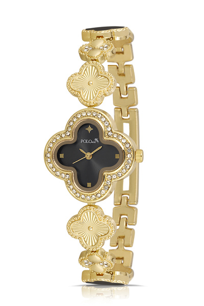 Polo Air ساعة يد نسائية فاخرة منقوشة على شكل برسيم ذهبي اللون أسود PL-1560B5x