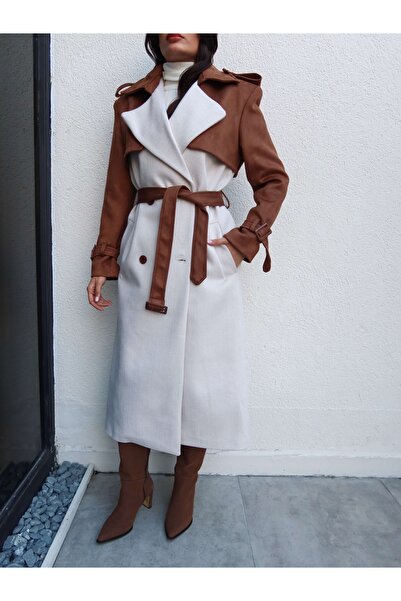 ESRAHELVACI Suede Detail Belted Herringbone Coat