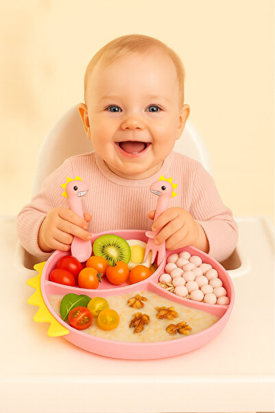 Bebelul Silicone tray set with baby cutlery - PINK Dinosaur