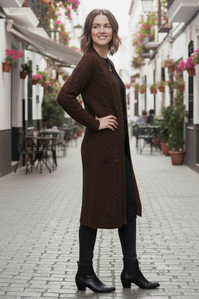 benguen Knitted Patterned Long Knitwear Cardigan R4251 Brown
