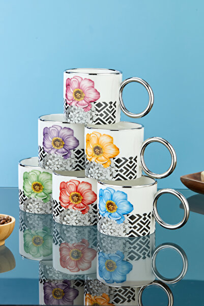 Cooker 200 ml Flower Patterned Silver Handle Porcelain Mug Cup