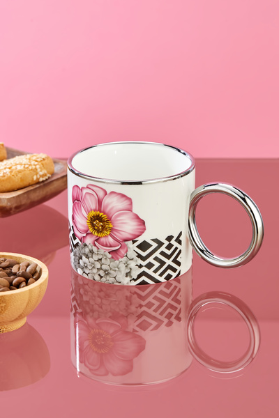 Cooker 200 ml Flower Patterned Silver Handle Porcelain Mug Cup