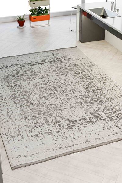 Oriente Home Avangard Desenli Gri Şönil Makine Halısı Kaymaz Taban Yıkanabilir Mutfak Halısı 7410