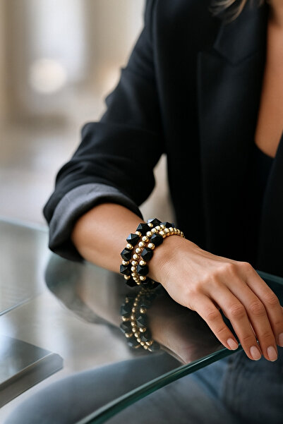 COCOSH TAKI Siyah Altın Detaylı 3’lü çoklu kombin Bileklik Seti