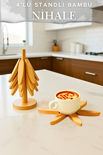 Penthouse 4-Piece Bamboo Coasters with Stand - Practical Folding Cup & Plate Coasters