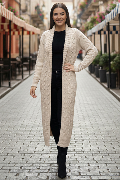 benguen Knitted Patterned Long Knitwear Cardigan R4251 Stone Color