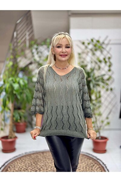 Punta Otantik Nc6071 Italian Fakir Sleeve Zigzag Patterned Thin Knitwear Blouse Green