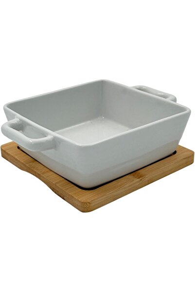 B&D Square Ceramic Baking Dish with Bamboo Base - White Porcelain Casserole with Handles