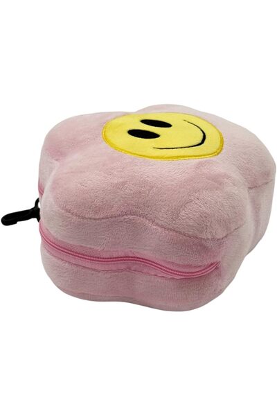 B&D banddtools 2-in-1 Velvet Travel Pillow and Eye Mask, Pink Smiley Face, Adjustable Head Support with