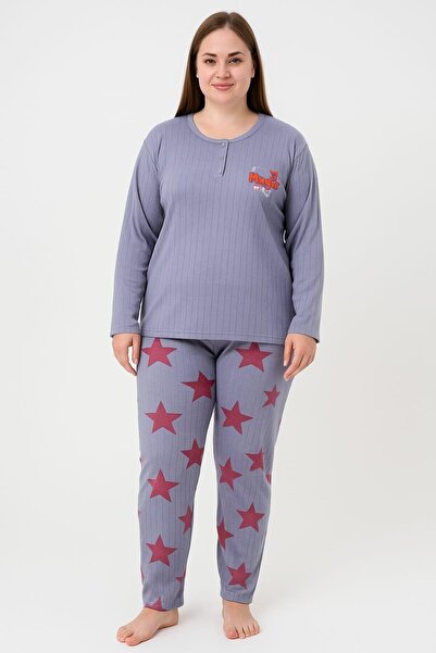 Pemilo Women's 05117 Large Size 100% Cotton Report Pajama Set Indigo