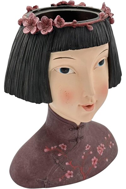 B&D Asian Inspired Decorative Resin Planter with Cherry Blossom, Black Bob Head Flower Pot
