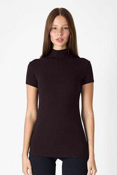 Malabadi Women's Brown Short Sleeve Half Turtleneck Modal Body 1043