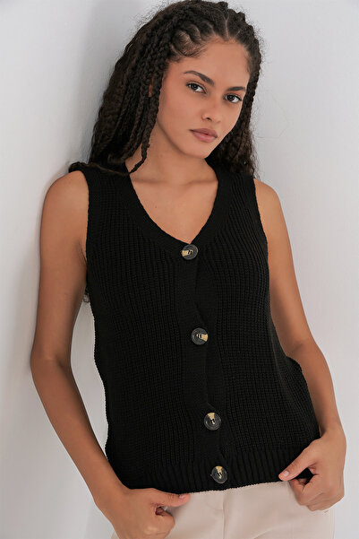 Merterium Women's Buttoned Short Knit Vest Black 1306