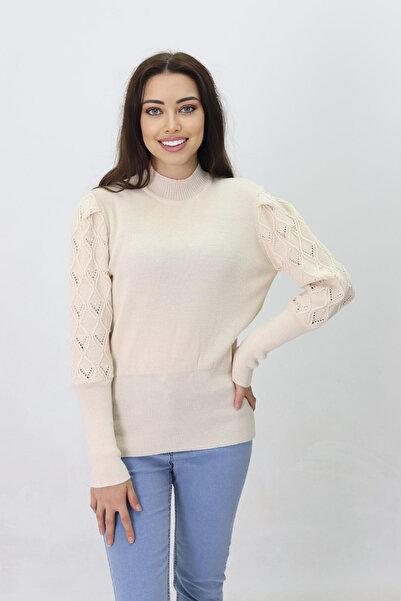 H&E LUXURY DESIGN Women's Sleeve Beading and Openwork Detailed Sweater