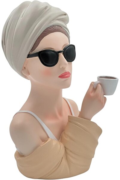 B&D Decorative Ceramic Bust with Sunglasses and Coffee Cup, Vintage Style, 15×12×6 cm