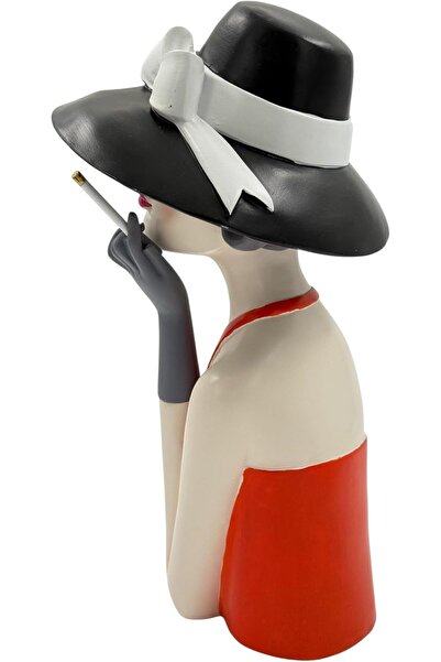 B&D Vintage Lady Statue with Hat and Cigarette - Retro Woman in Red Dress