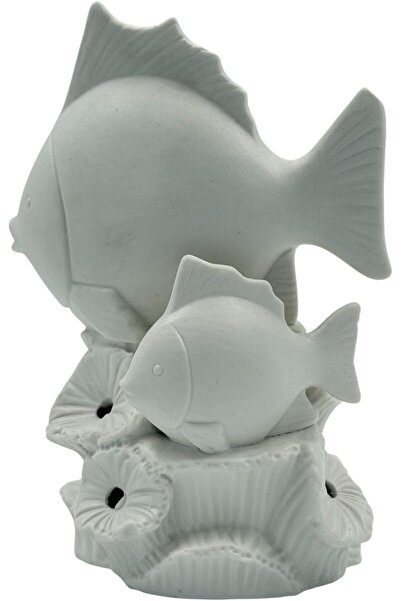 B&D Fish Decor LED Light, White Ceramic Fish Sculpture, Decorative Coral Base, Indoor Aquatic Theme