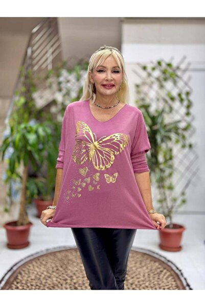 Punta Otantik Yg59100 Italian Stone and Butterfly B Printed Knitwear Blouse Pink