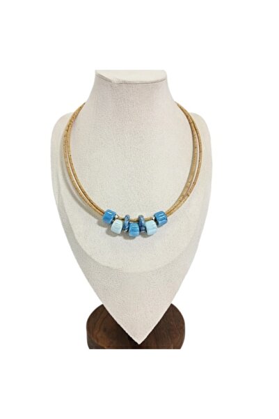 IBU Cork Colier de plută pentru femei cu mărgele ceramice albastre