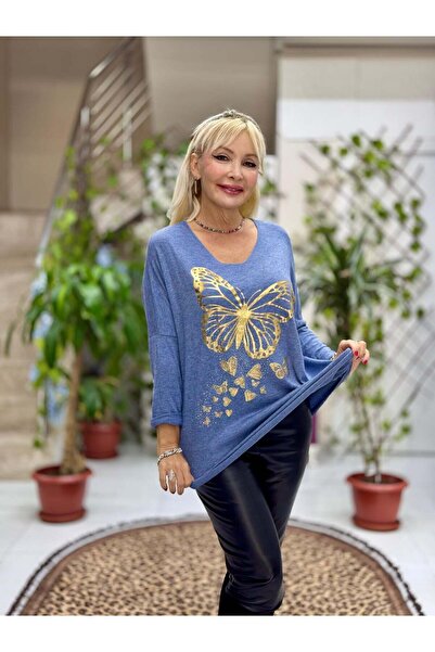 Punta Otantik Yg59100 Italian Stone and Butterfly B Printed Knitwear Blouse Blue