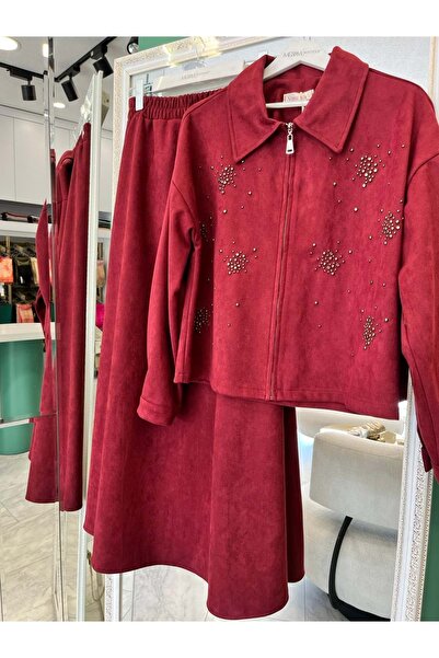 MRM MERAM BUTİK Shoulder Pad Tex Suede Skirt Suit with Stone - Bordo - 40