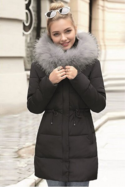 Sacrosa Kışlık Orta Boy Kürklü Kapüşonlu Su Geçirmez Kadın Şişme Mont