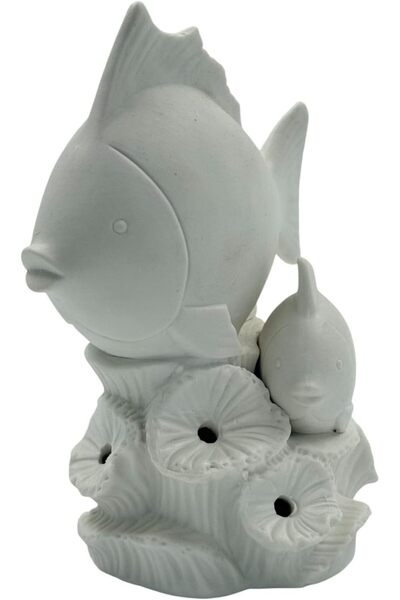 B&D Fish Decor LED Light, White Ceramic Fish Sculpture, Decorative Coral Base, Indoor Aquatic Theme