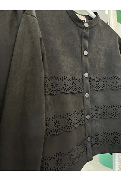 MRM MERAM BUTİK Shoulder Pad Tex Suede Skirt Suit Laser Cut - Black - 38