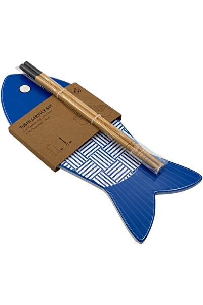 B&D banddtools Fish-shaped Ceramic Sushi Serving Set, Blue & White Striped, 29×12 cm with 24 cm Bamboo