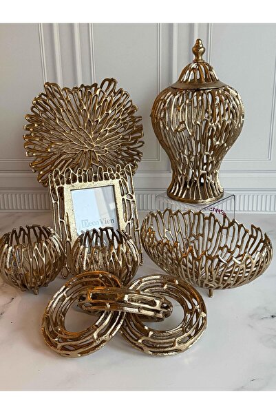 ROSSEV Antik Eskitme Altın 7 Parça Salon Aksesuarı