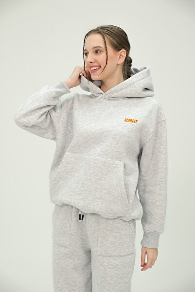 GIA - ART Oversize Women's Tracksuit Set Gray Melange - 3 Thread Raised Fleece, Full Orange Print on the Back