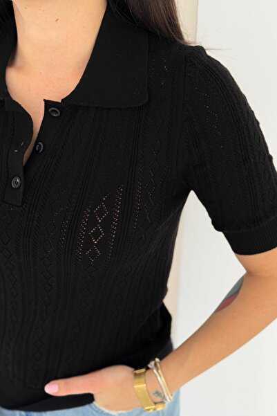 FEMELLE Women's Black Lace-Like Knit Polo Neck Slim Knitwear Blouse Short Sleeve Standard Size