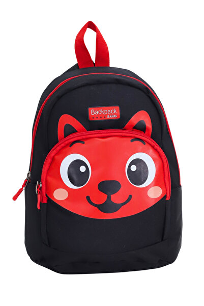 Probag Black and Red Kindergarten Nursery Bag with Fox Figure, 4 Compartments, Boy's Backpack