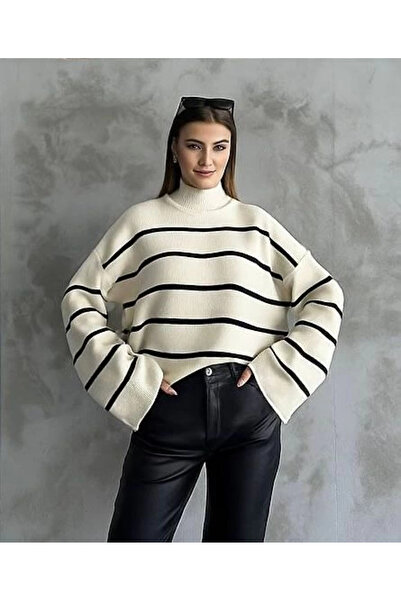 Zerenyus Striped Spanish Sleeve Knitwear High Neck Sweater White
