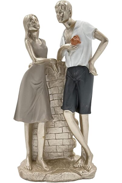 B&D Decor Romantic Couple Statue, Silver & White Resin Sculpture with Brick Wall Base