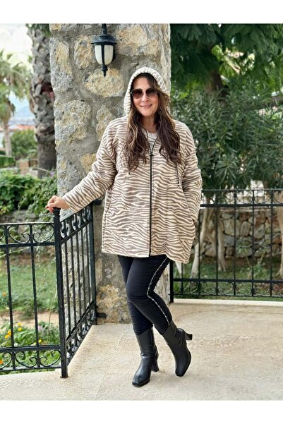 Punta Otantik Yg10926 Hooded Zippered Zebra Pattern Italian Felt Coat