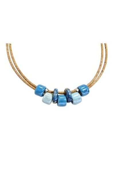 IBU Cork Colier de plută pentru femei cu mărgele ceramice albastre