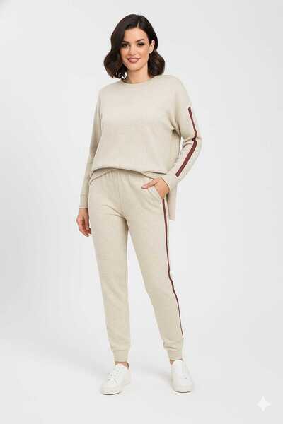 ANATOLIATEKSTILE 2 Piece Knitted Tracksuit – Oversize Blouse + Pants, Side Stripes, Premium Comfort