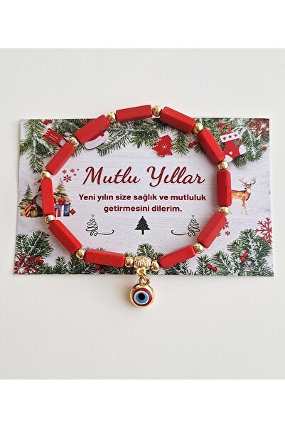 Svc Aksesuar New Year Gift Card Red Bracelet with Evil Eye Beads