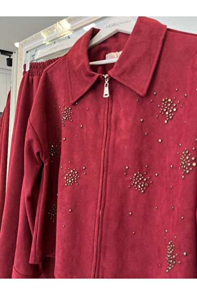 MRM MERAM BUTİK Shoulder Pad Tex Suede Skirt Suit with Stone - Bordo - 40