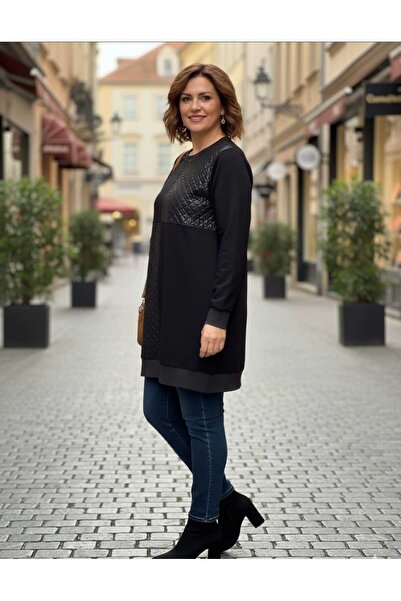 papilla Güncüoğlu Long Sleeve Tunic with Ribbed Bottom and Sleeves (Elasticated) Mnü Leather Detail Combed Cotton Tunic