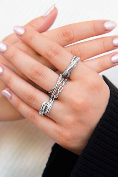 TREND COLLECTİON Gümüş Renk Zirkon Taşlı Vip Kadın Yüzük Seti (3’lü)