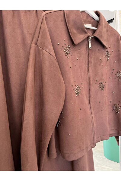 MRM MERAM BUTİK Shoulder Pad Tex Suede Skirt Suit with Stone - Brown - 42