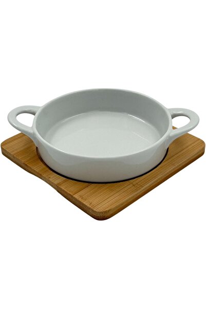 B&D White Ceramic Round Serving & Baking Dish with Double Handles and Bamboo Base (banddtools)