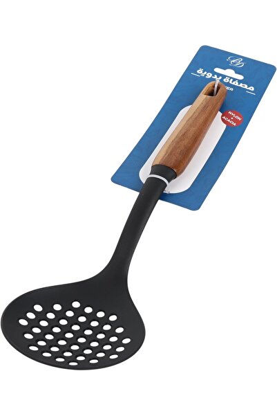 B&D Kitchen Skimmer Spoon, Black Nylon with Wooden Handle, Perforated Strainer Ladle