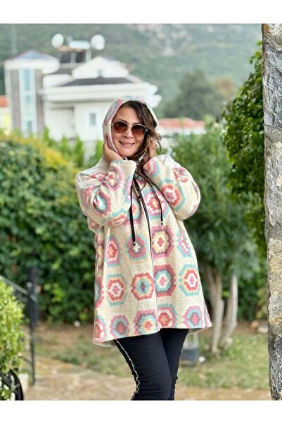 Punta Otantik Yg10926 Hooded Zippered Kilim Pattern Italian Felt Coat