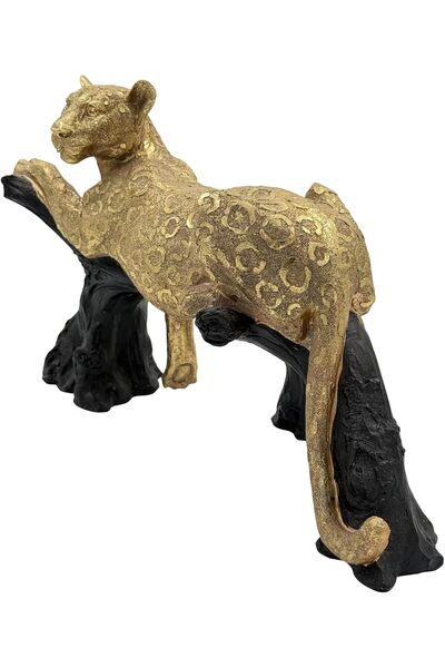 B&D Decorative Golden Leopard-Pattern Statue, Antique Metal on Black Stand, Handcrafted
